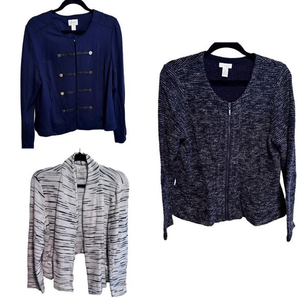 Chico’s / Loft- THREE Piece Blazer Bundle Blue Gold White Tones, Size Large - Picture 1 of 16